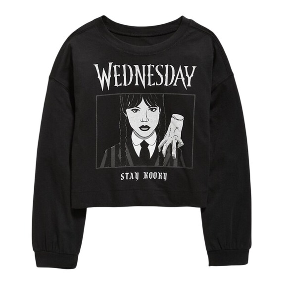 Old Navy Other - Old Navy Wednesday Addams Shirt Kids XL Black Stay Kooky Cropped Long‎ Sleeve